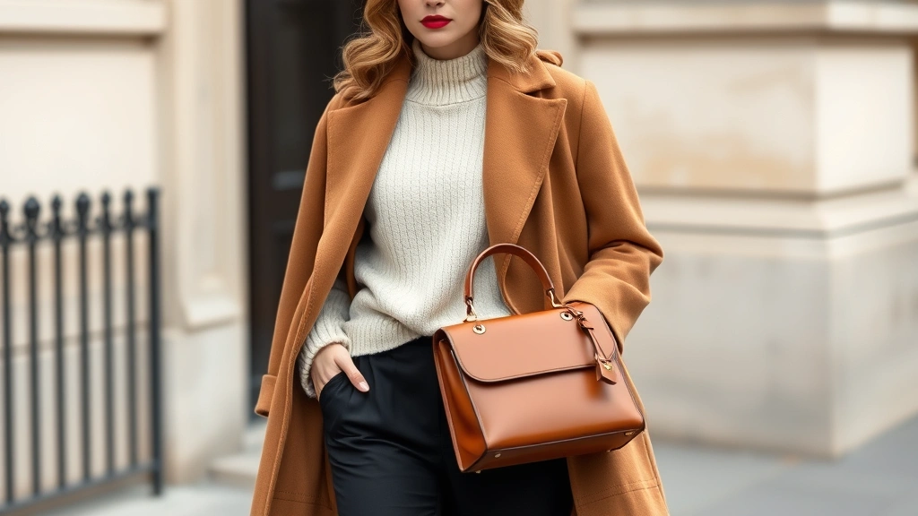 Woman in perfectly tailored black trousers, cream cashmere sweater, camel wool coat, holding simple leather handbag, wearing red lipstick, natural makeup, soft wavy hair, embodying timeless French elegance
