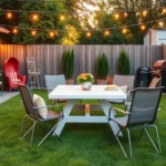 Mid-century modern backyard patio setup with vintage metal lawn chairs, white picnic table, string lights overhead, lush green lawn, classic American BBQ aesthetic, golden hour lighting, relaxed summer gathering atmosphere