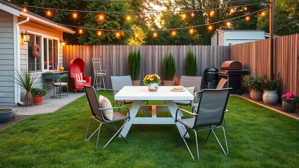 Mid-century modern backyard patio setup with vintage metal lawn chairs, white picnic table, string lights overhead, lush green lawn, classic American BBQ aesthetic, golden hour lighting, relaxed summer gathering atmosphere