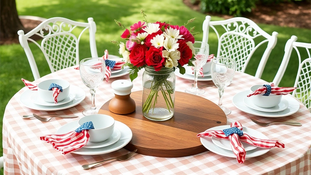 Vintage-style outdoor table setting with gingham tablecloth, Fiestaware ceramics, classic glassware, fresh flower centerpiece in mason jar, patriotic napkins, wooden serving pieces, timeless entertaining elegance