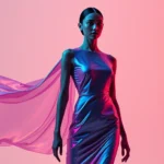 Sleek futuristic model wearing iridescent color-changing smart fabric dress with flowing silhouette, minimalist design, photorealistic, studio lighting, high fashion editorial style