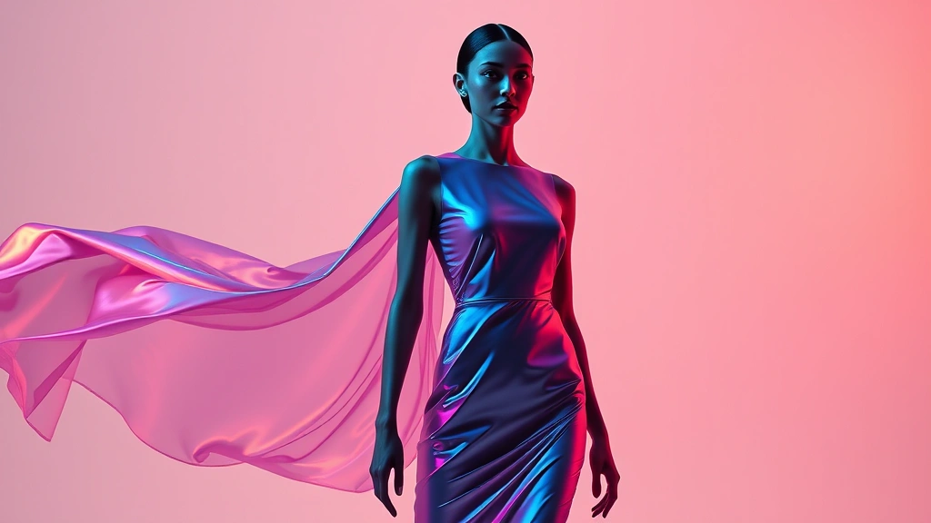 Sleek futuristic model wearing iridescent color-changing smart fabric dress with flowing silhouette, minimalist design, photorealistic, studio lighting, high fashion editorial style