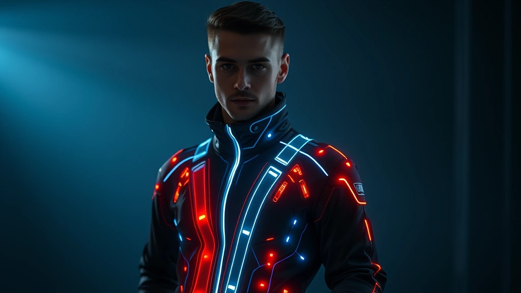 Model in glowing LED-integrated smart clothing with subtle light elements woven throughout fabric, cyberpunk aesthetic, confident pose, dramatic atmospheric lighting, futuristic fashion statement