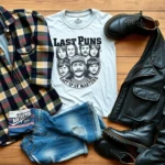 Overhead flat lay of vintage Gen X fashion essentials: worn flannel shirt, ripped denim jeans, band t-shirt, Dr. Martens boots, leather jacket arranged artfully on wooden surface with soft natural lighting