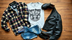 Overhead flat lay of vintage Gen X fashion essentials: worn flannel shirt, ripped denim jeans, band t-shirt, Dr. Martens boots, leather jacket arranged artfully on wooden surface with soft natural lighting