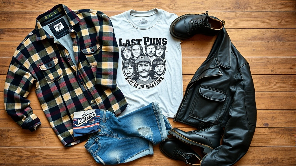 Overhead flat lay of vintage Gen X fashion essentials: worn flannel shirt, ripped denim jeans, band t-shirt, Dr. Martens boots, leather jacket arranged artfully on wooden surface with soft natural lighting