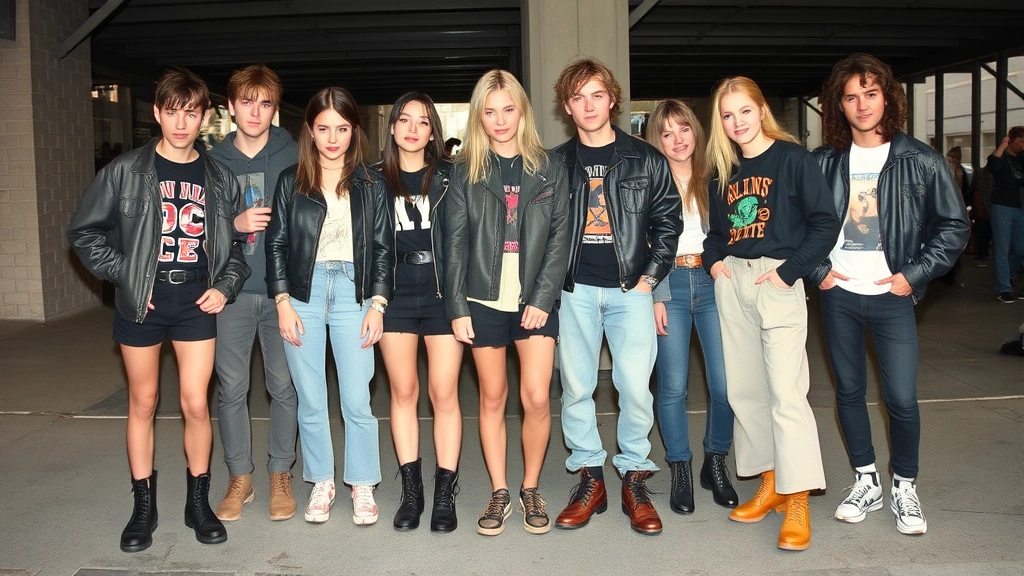 Diverse group of Gen X style icons: mix of streetwear and grunge fashion, vintage thrifted pieces, combat boots, oversized silhouettes, leather jackets, skateboard culture elements, urban setting with authentic 1990s atmosphere