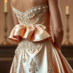 Luxurious silk evening gown with intricate beadwork and pearl embellishments, featuring a dramatic bustle and fitted bodice, photographed against a soft blurred background with warm lighting to showcase the luminous quality of the fabric and detailed handiwork