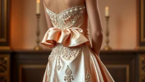 Luxurious silk evening gown with intricate beadwork and pearl embellishments, featuring a dramatic bustle and fitted bodice, photographed against a soft blurred background with warm lighting to showcase the luminous quality of the fabric and detailed handiwork