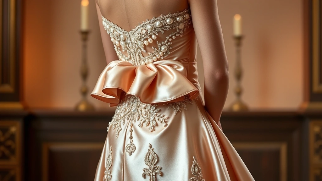 Luxurious silk evening gown with intricate beadwork and pearl embellishments, featuring a dramatic bustle and fitted bodice, photographed against a soft blurred background with warm lighting to showcase the luminous quality of the fabric and detailed handiwork