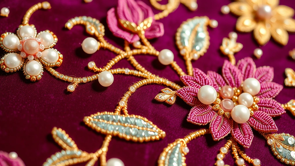 Close-up detail of ornate beaded embroidery on rich velvet fabric in jewel tones, showing individual pearl and crystal beads arranged in flowing botanical patterns with gold thread accents, photographed with natural light to highlight dimensional beadwork