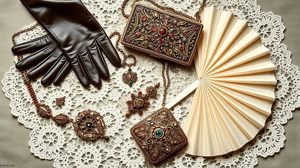 Elegant collection of Gilded Age accessories including long kid leather gloves, ornate jewelry with mixed metals and gemstones, beaded evening bag, and silk fan arranged artfully on vintage lace, photographed from above with soft studio lighting