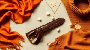 Overhead flat lay of gingerbread-colored luxury fashion items: burnt sienna silk scarf, chocolate brown leather belt, caramel cashmere sweater, golden jewelry, arranged artfully on neutral background with warm natural lighting