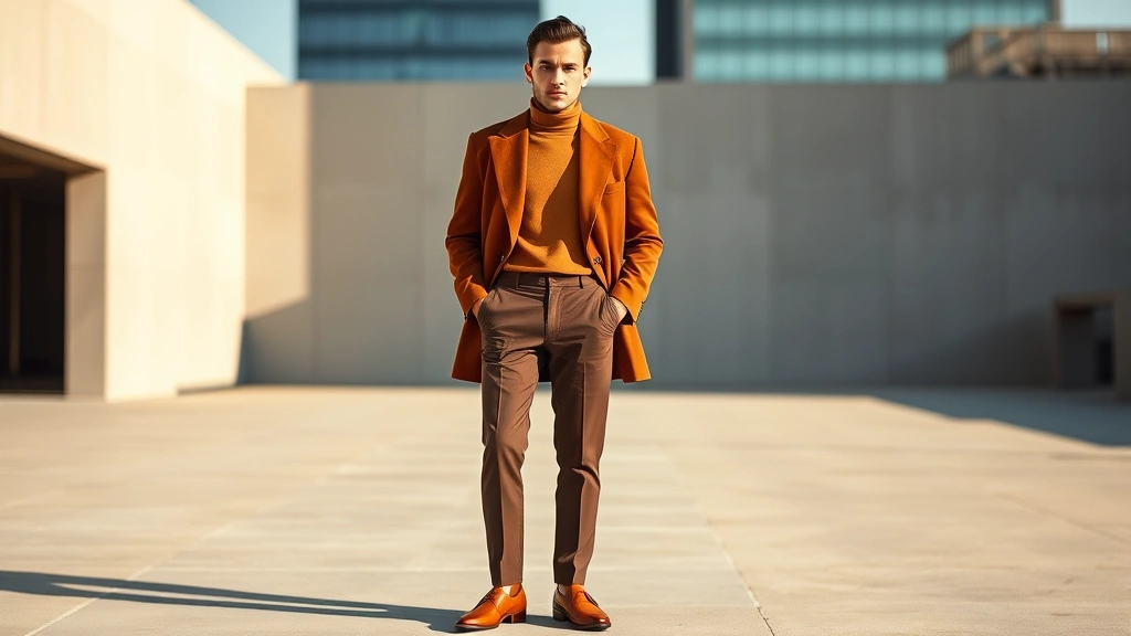 Model wearing coordinated gingerbread fashion outfit: burnt sienna oversized blazer, caramel turtleneck, chocolate brown tailored trousers, cognac leather loafers, standing in minimalist urban setting with warm afternoon light