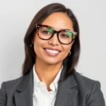 Woman wearing oversized tortoiseshell browline glasses with a crisp white button-down shirt and tailored blazer, smiling confidently against neutral background, professional and polished aesthetic