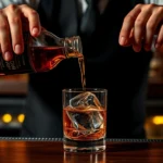 Professional bartender carefully pouring amber bourbon into crystal rocks glass with large ice cube, moody bar lighting, wooden counter background, sophisticated cocktail preparation
