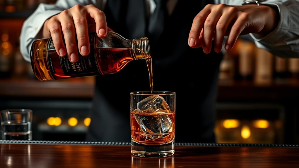 Professional bartender carefully pouring amber bourbon into crystal rocks glass with large ice cube, moody bar lighting, wooden counter background, sophisticated cocktail preparation