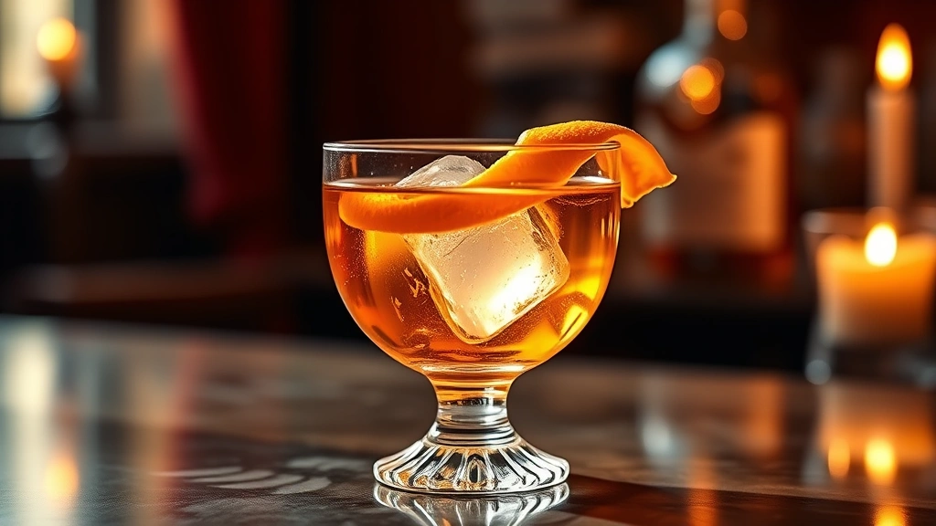 Elegant Old Fashioned cocktail in crystal coupe glass with orange peel twist, single large ice sphere, warm golden whiskey, candlelit ambiance, refined presentation