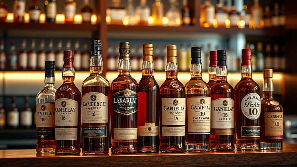 Collection of premium whiskey bottles displayed on mahogany shelf with subtle backlighting, various amber tones and bottle shapes, sophisticated home bar aesthetic, blurred background