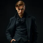 Male model wearing layered black outfit with Victorian-inspired billowing shirt, fitted black vest, and long dark coat, dramatic posed stance in moody lighting, showcasing goth fashion silhouettes and textures