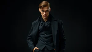 Male model wearing layered black outfit with Victorian-inspired billowing shirt, fitted black vest, and long dark coat, dramatic posed stance in moody lighting, showcasing goth fashion silhouettes and textures