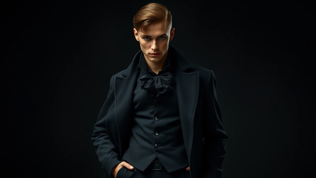 Male model wearing layered black outfit with Victorian-inspired billowing shirt, fitted black vest, and long dark coat, dramatic posed stance in moody lighting, showcasing goth fashion silhouettes and textures