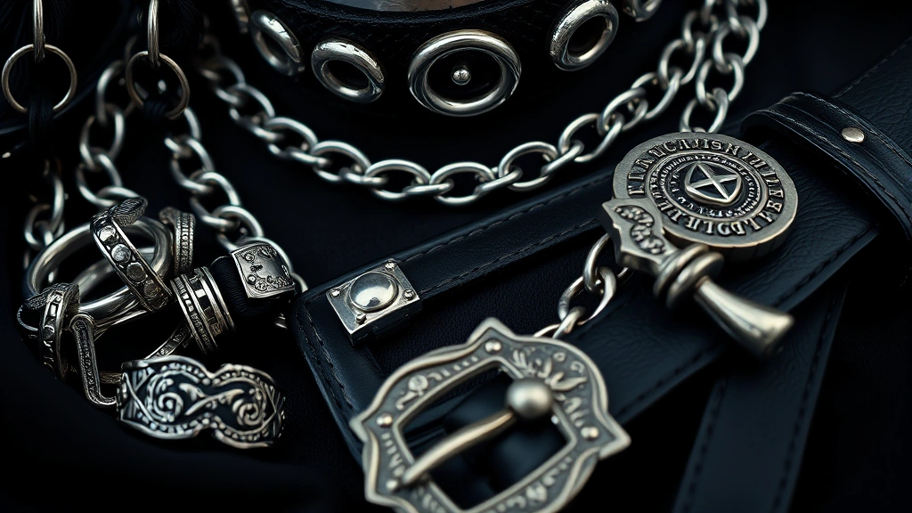 Close-up detail shot of goth fashion accessories: silver chunky rings, black choker necklace, chain details, leather belts with ornate buckles, displayed artfully on dark fabric background
