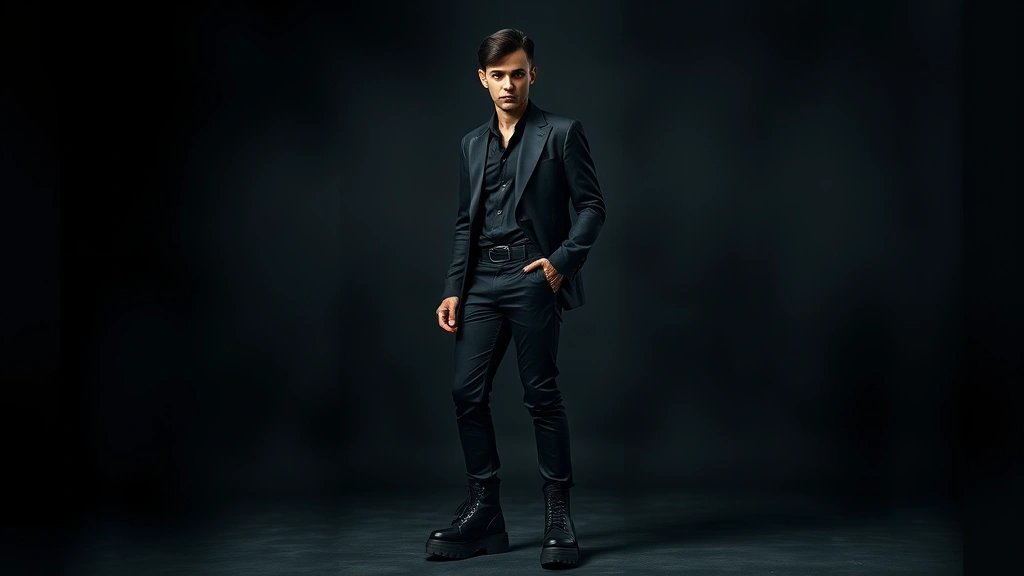 Full-length portrait of man in complete goth outfit: tailored black trousers, structured jacket, platform combat boots, styled dark hair, sophisticated dramatic composition against dark atmospheric background
