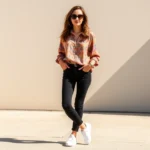 Woman wearing 1970s bohemian vintage blouse styled with modern black jeans and contemporary white sneakers, standing in natural sunlight, confident pose, showing how to blend vintage with modern pieces seamlessly