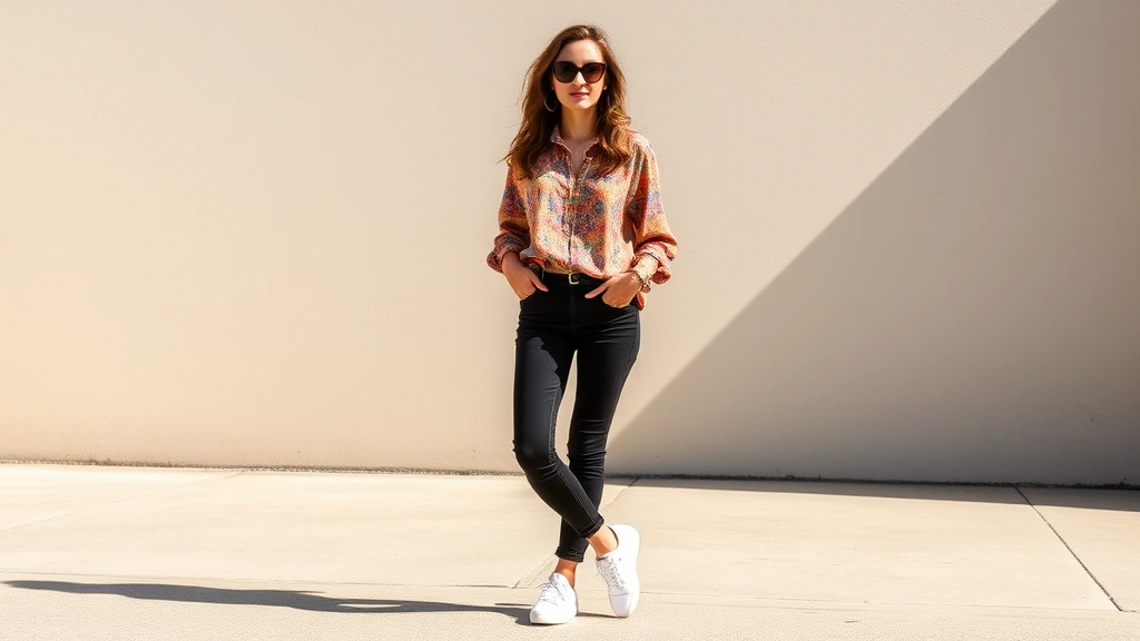 Woman wearing 1970s bohemian vintage blouse styled with modern black jeans and contemporary white sneakers, standing in natural sunlight, confident pose, showing how to blend vintage with modern pieces seamlessly