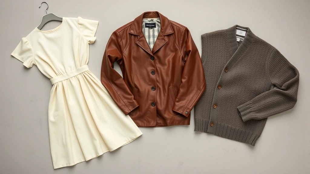 Overhead flat lay of carefully organized vintage clothing including a cream-colored 1950s dress, brown leather vintage jacket, and folded 1980s cardigan on neutral background, displaying quality and condition assessment