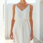 Minimalist white linen dress draped elegantly on figure with natural Mediterranean lighting, showcasing clean lines and quality fabric texture against whitewashed architectural background