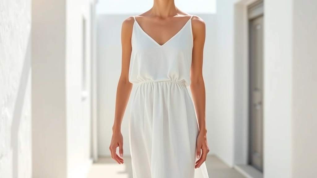 Minimalist white linen dress draped elegantly on figure with natural Mediterranean lighting, showcasing clean lines and quality fabric texture against whitewashed architectural background