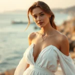 Elegant Greek woman wearing flowing white linen dress with delicate gold jewelry, Mediterranean coastal setting, natural golden hour lighting, serene expression, minimalist styling with bare shoulders