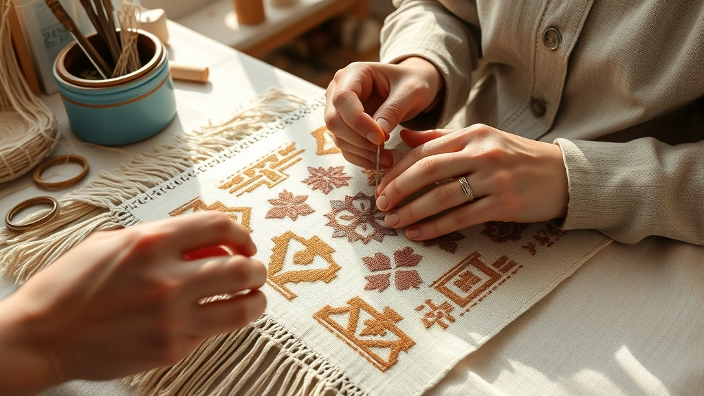 Artisan hands working on traditional Greek embroidery with geometric patterns in earth tones, needle and thread visible on natural linen textile in sunlit studio space
