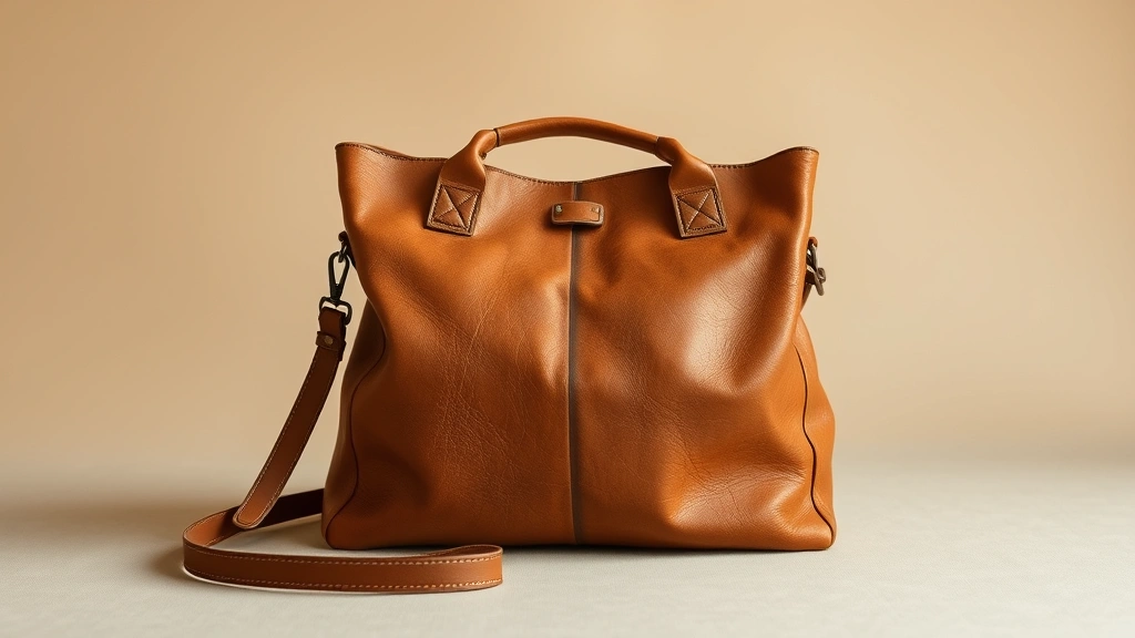 Structured leather handbag in warm cognac tone displayed on neutral background, Mediterranean-inspired minimalist design with visible craftsmanship details and natural aging patina