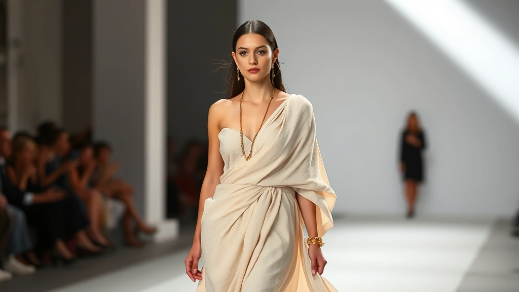 Luxury Greek fashion runway show, model in draped cream linen gown with gold jewelry, sophisticated Mediterranean aesthetic, professional lighting, elegant minimalist composition
