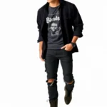 Male model wearing oversized black flannel shirt unbuttoned over faded band t-shirt with distressed black jeans and worn combat boots, natural lighting, casual confident pose