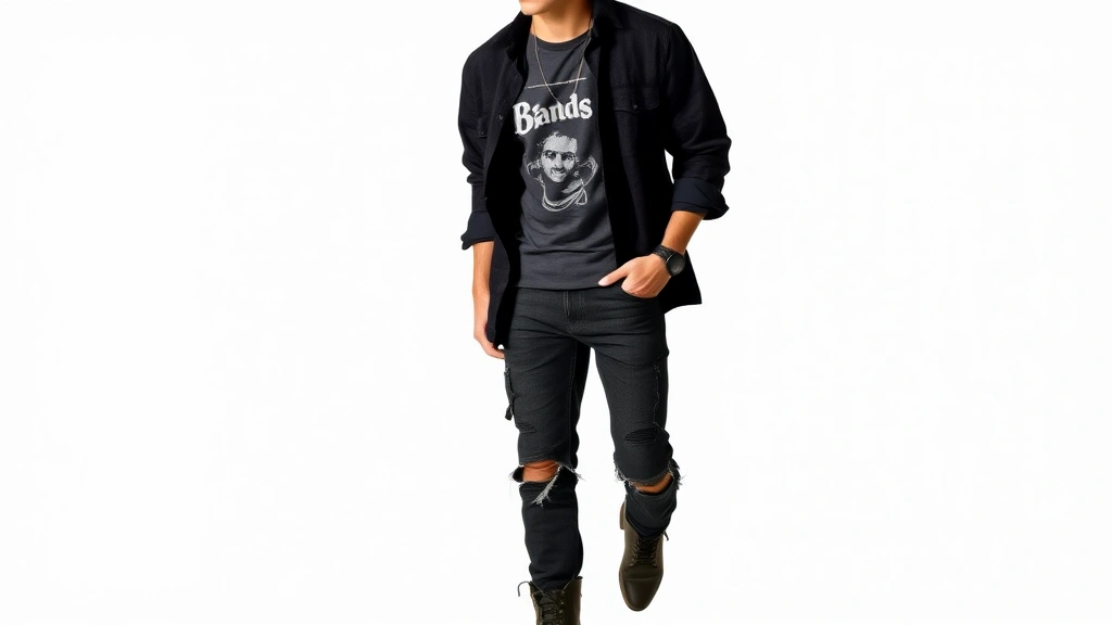 Male model wearing oversized black flannel shirt unbuttoned over faded band t-shirt with distressed black jeans and worn combat boots, natural lighting, casual confident pose