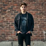 Young man wearing oversized charcoal flannel shirt over faded band t-shirt, black distressed jeans, vintage Doc Martens, standing against weathered brick wall in natural daylight, authentic worn-in aesthetic, moody atmospheric lighting