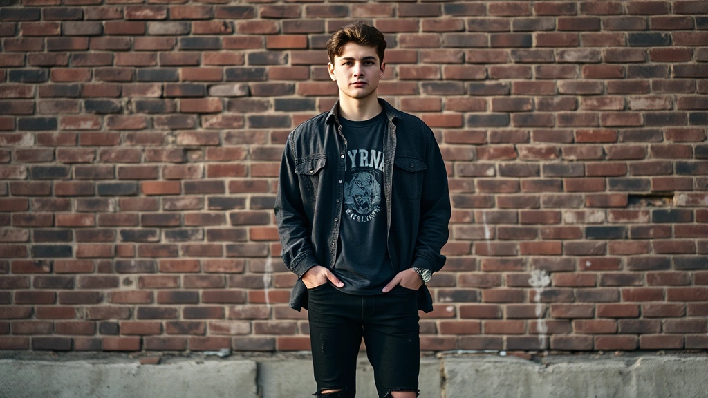 Young man wearing oversized charcoal flannel shirt over faded band t-shirt, black distressed jeans, vintage Doc Martens, standing against weathered brick wall in natural daylight, authentic worn-in aesthetic, moody atmospheric lighting