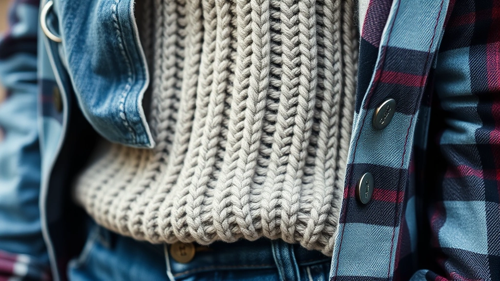 Close-up texture shot of layered grunge outfit showing distressed denim, chunky knit sweater, and plaid flannel with visible seams and worn fabric details