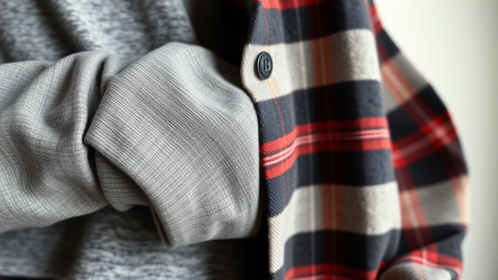 Close-up of textured fabric layering: thermal shirt cuff visible under band tee, open flannel shirt showing texture variation, muted earth tones of grey, black, and faded red plaid pattern, natural studio lighting highlighting fabric details