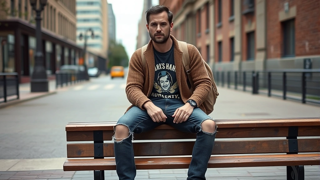 Man in complete grunge outfit: oversized brown cardigan over vintage graphic tee, loose-fit dark jeans with authentic knee rips, worn canvas backpack, sitting casually on wooden bench in urban setting, natural overcast lighting, authentic lived-in appearance