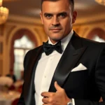 Distinguished gentleman in black-tie tuxedo with white shirt and bow tie, posing confidently in elegant ballroom setting with soft golden lighting, formal gala ambiance, photorealistic, luxury formal wear