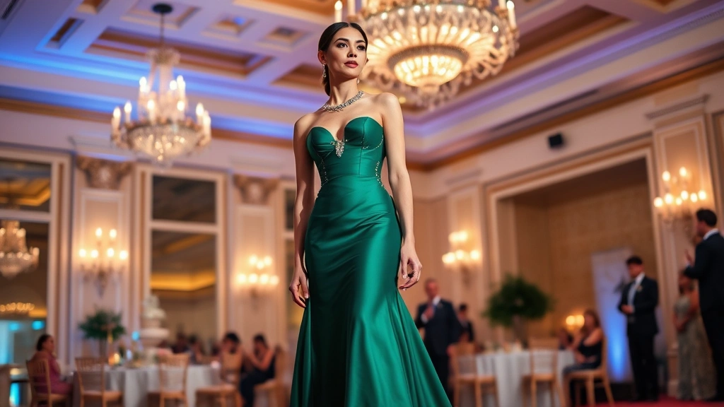 Elegant woman in floor-length emerald green formal gown with subtle beading, wearing statement diamond earrings, standing in upscale gala venue with chandelier lighting, sophisticated formal fashion