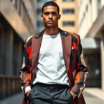 Fashion model wearing oversized geometric bold print blazer with solid white tee and black tailored trousers, standing in modern urban setting with natural sunlight, confident pose, editorial style photography