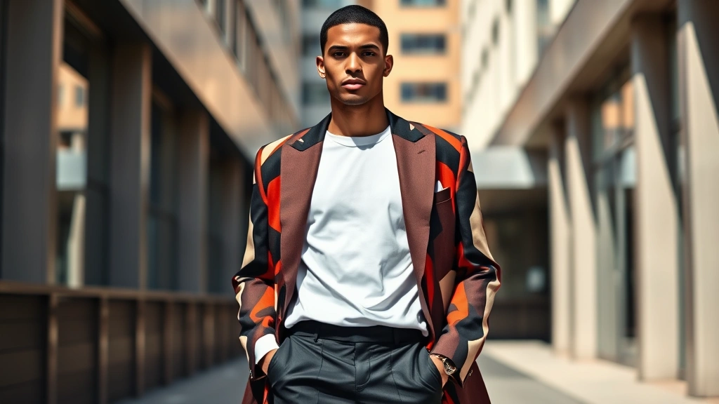 Fashion model wearing oversized geometric bold print blazer with solid white tee and black tailored trousers, standing in modern urban setting with natural sunlight, confident pose, editorial style photography