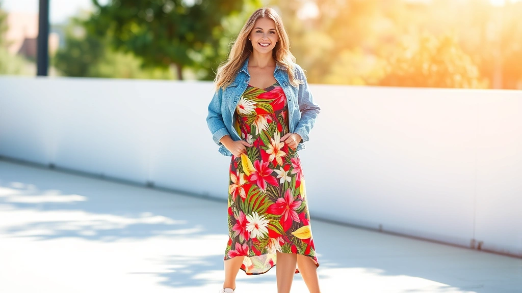 Woman wearing vibrant tropical floral print dress with white sneakers and denim jacket, standing outdoors in natural sunlight, confident relaxed pose