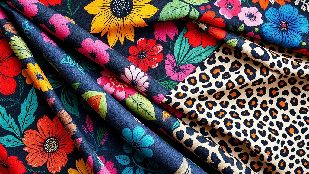 Close-up flat lay of colorful bold printed fabrics arranged artfully—vibrant florals, geometric patterns, animal prints—showing texture and color variations, natural lighting highlighting print details